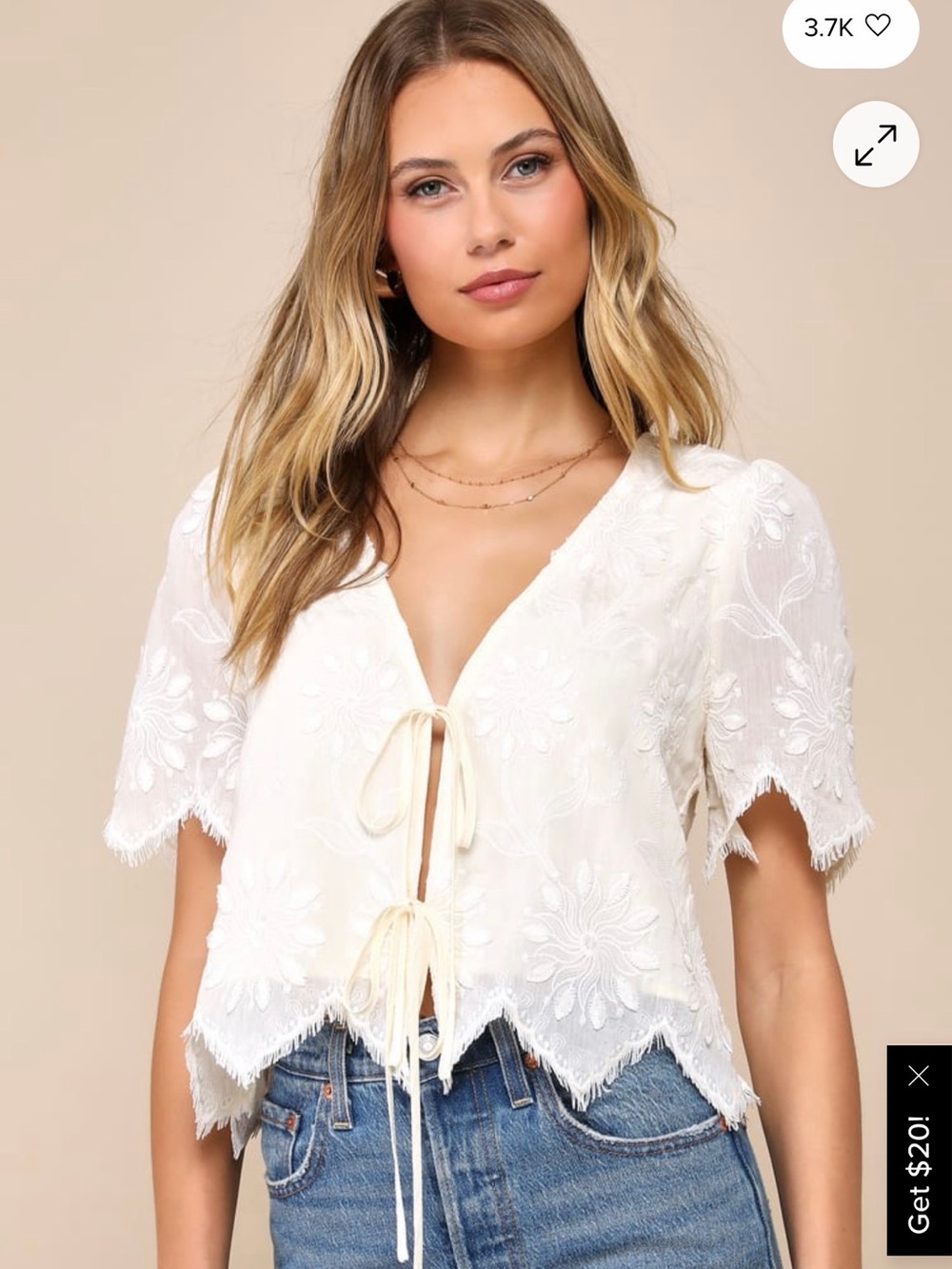Lulu's Ivory Embroidered Tie-Front V-Neck Blouse